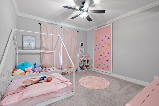 carpeted bedroom featuring ceiling fan and ornamental molding