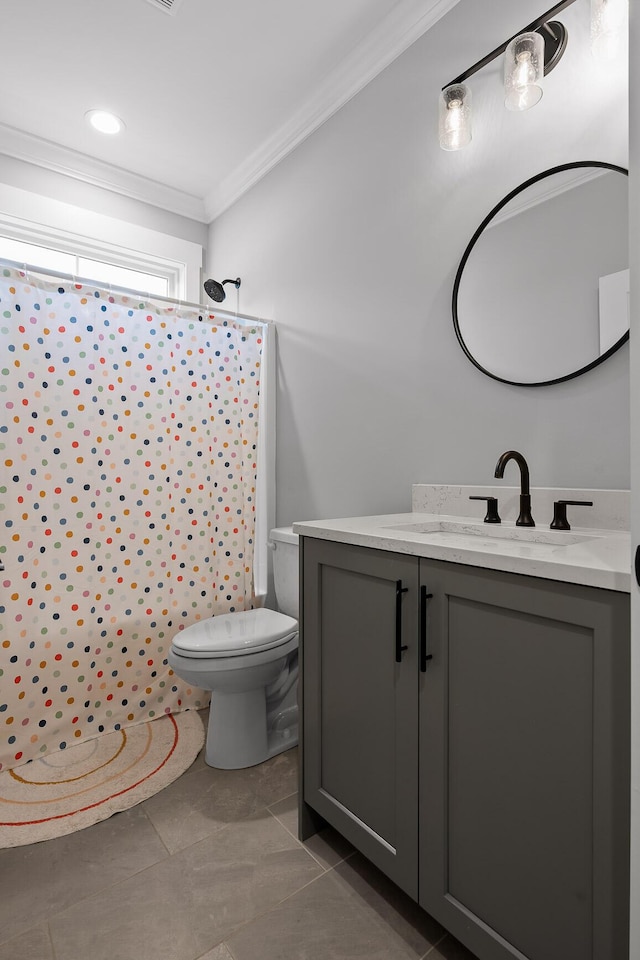 bathroom featuring crown molding, tile patterned floors, toilet, walk in shower, and vanity