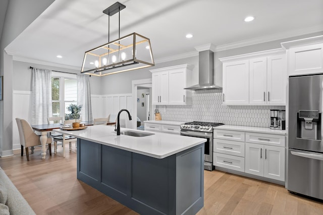 kitchen with wall chimney exhaust hood, white cabinetry, stainless steel appliances, sink, and a kitchen island with sink