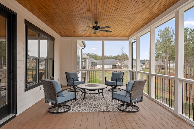 sunroom with ceiling fan, a wealth of natural light, and wooden ceiling