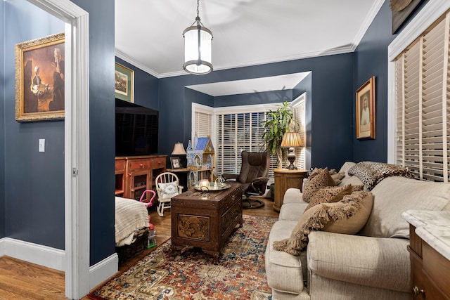 office featuring wood-type flooring and crown molding