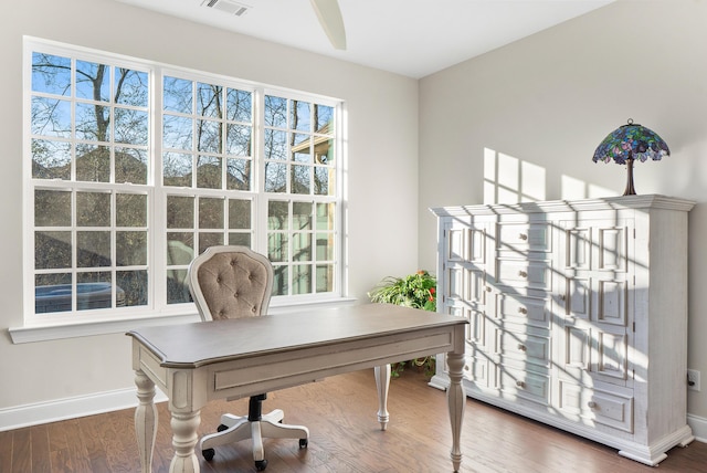 office area with a wealth of natural light and hardwood / wood-style floors