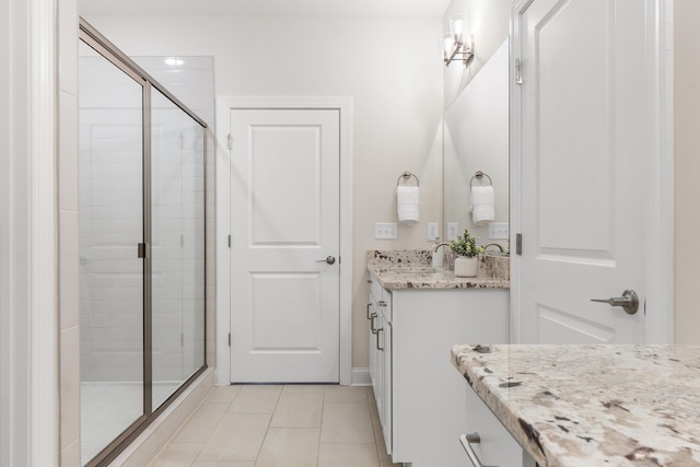 bathroom with vanity, walk in shower, and tile patterned flooring