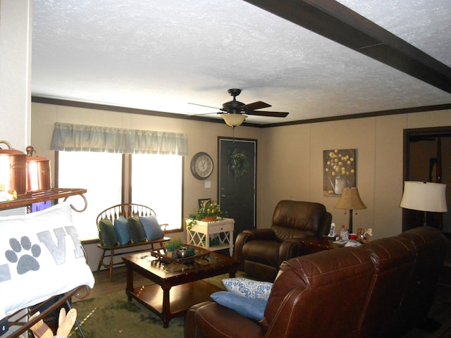 living room with ceiling fan, wood-type flooring, and a textured ceiling