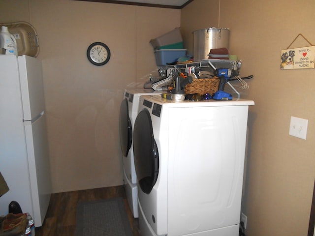 laundry area featuring washing machine and dryer and dark hardwood / wood-style floors