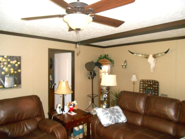 living room with beamed ceiling, ceiling fan, crown molding, and a textured ceiling