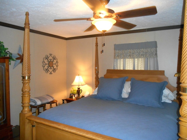 bedroom featuring crown molding, a textured ceiling, and ceiling fan