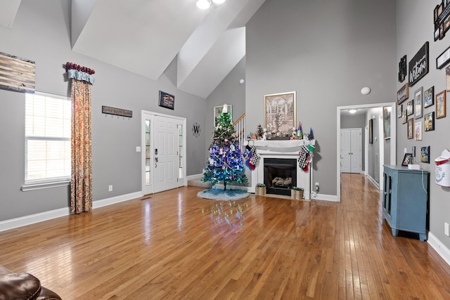 foyer featuring hardwood / wood-style flooring and a towering ceiling