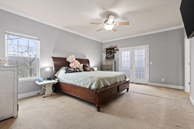 bedroom with ceiling fan, access to exterior, light colored carpet, and french doors