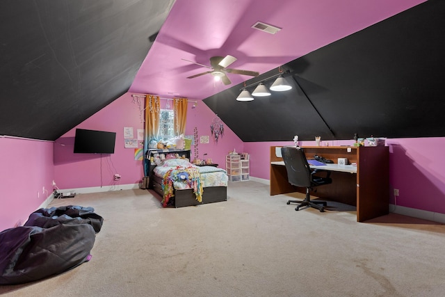 bedroom featuring ceiling fan, carpet floors, and vaulted ceiling