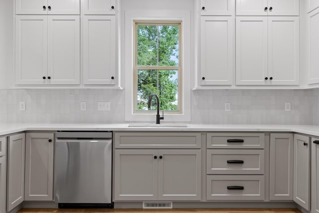 kitchen with tasteful backsplash, stainless steel dishwasher, sink, and gray cabinetry