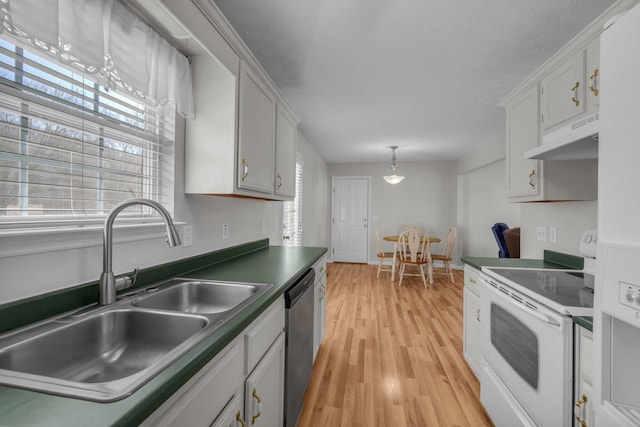 kitchen featuring stainless steel dishwasher, sink, plenty of natural light, white cabinetry, and white range with electric stovetop