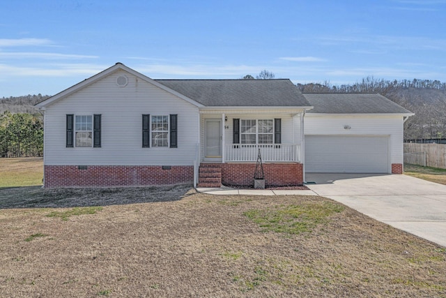 single story home featuring a front yard and a garage