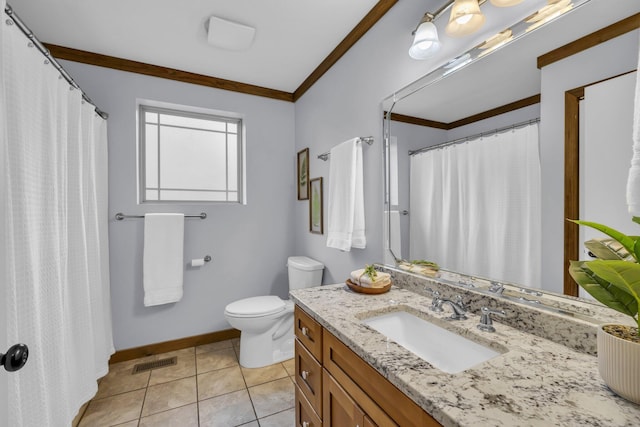 bathroom with crown molding, tile patterned floors, toilet, and vanity