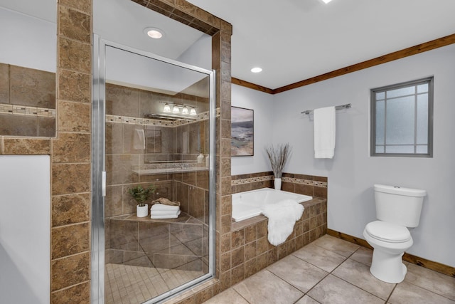 bathroom with toilet, independent shower and bath, and tile patterned flooring