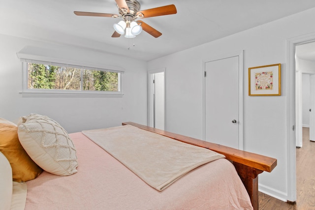 bedroom featuring ceiling fan and wood-type flooring