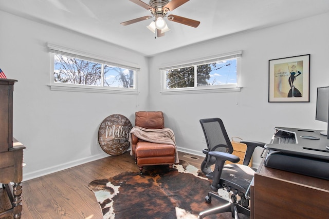 office area with wood-type flooring and ceiling fan