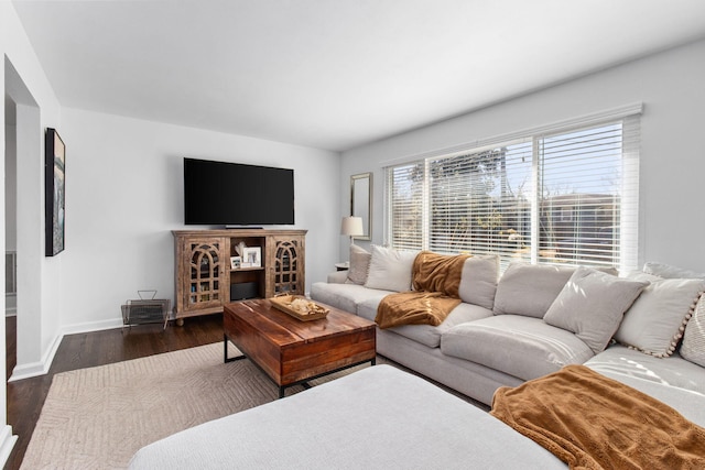 living room with dark hardwood / wood-style floors