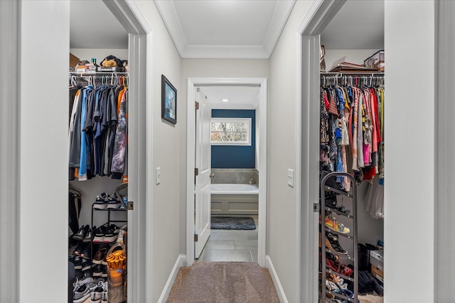 walk in closet featuring light carpet