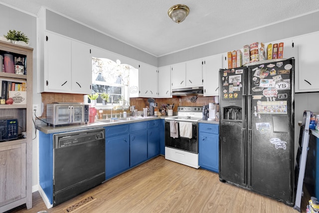 kitchen featuring white cabinetry, sink, light hardwood / wood-style floors, black appliances, and blue cabinetry