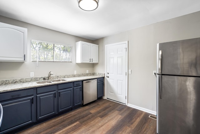 kitchen with dark wood-type flooring, white cabinetry, stainless steel appliances, sink, and blue cabinetry