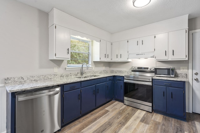 kitchen with blue cabinets, white cabinetry, appliances with stainless steel finishes, and sink