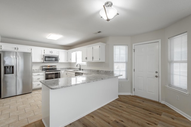 kitchen featuring sink, appliances with stainless steel finishes, white cabinetry, light stone counters, and kitchen peninsula