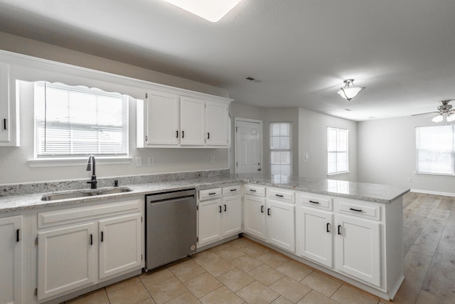 kitchen with sink, ceiling fan, white cabinets, stainless steel dishwasher, and kitchen peninsula