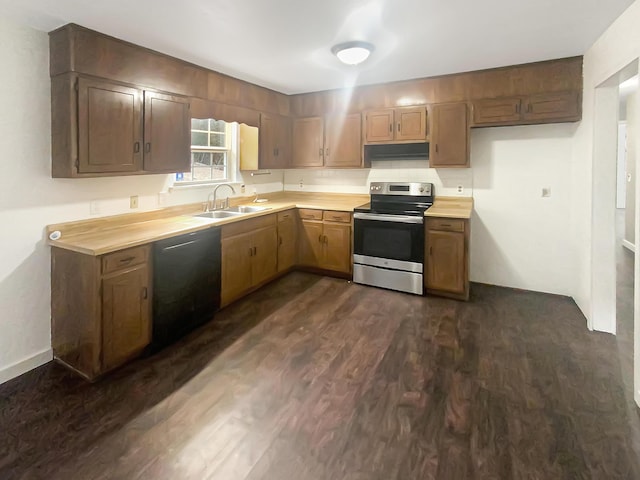 kitchen with sink, stainless steel electric stove, dark hardwood / wood-style floors, and dishwasher