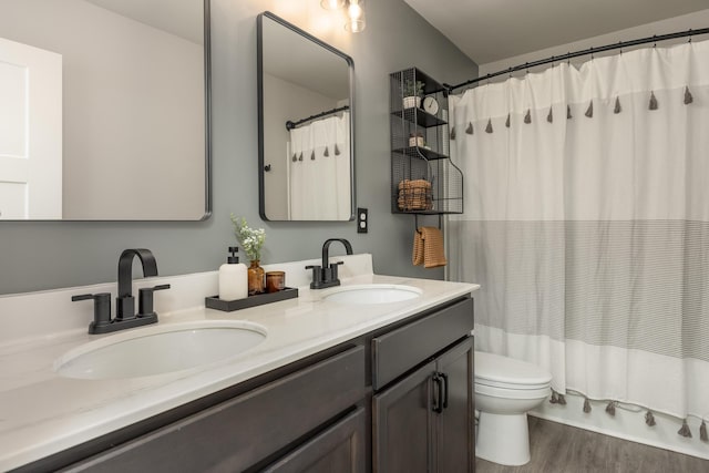 bathroom featuring hardwood / wood-style flooring, toilet, and vanity