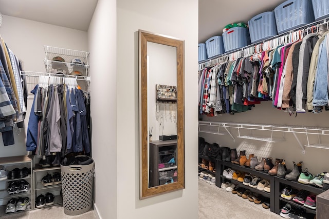 walk in closet featuring carpet flooring