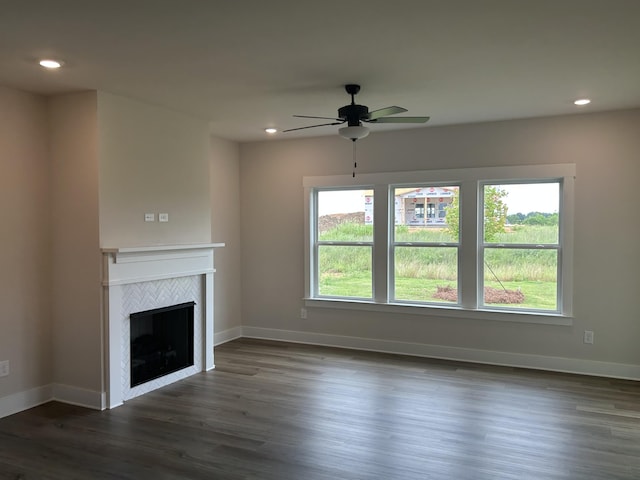 7553 Snow Cone Way Unit 17, Ooltewah, TN 37363 - unfurnished living room featuring ceiling fan, a fireplace, recessed lighting, dark wood-type flooring, and baseboards