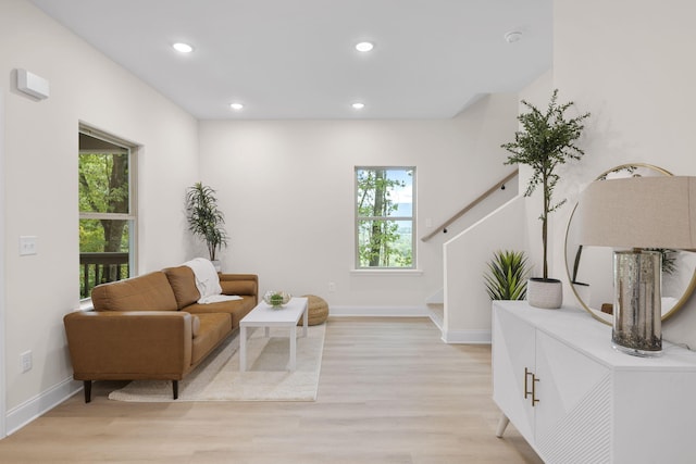 living area featuring a healthy amount of sunlight and light hardwood / wood-style flooring