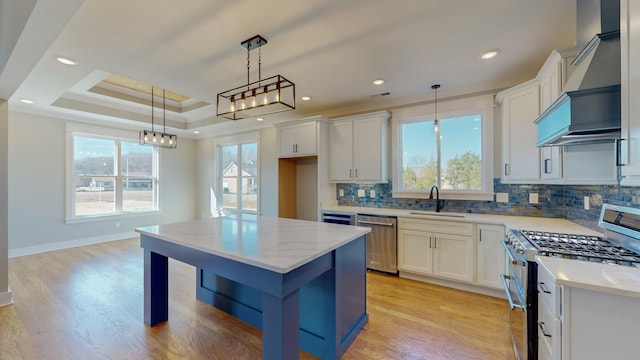 kitchen featuring pendant lighting, appliances with stainless steel finishes, white cabinetry, a tray ceiling, and custom range hood