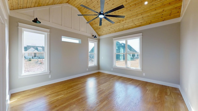 unfurnished room featuring ceiling fan, high vaulted ceiling, light hardwood / wood-style flooring, and wooden ceiling