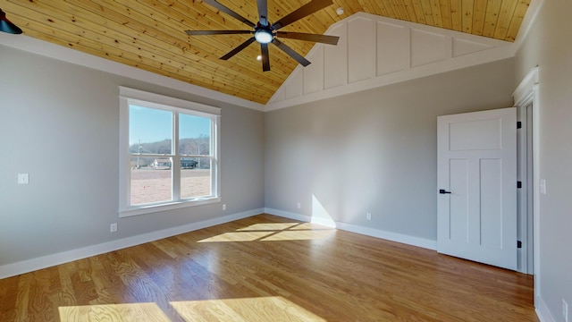 empty room with high vaulted ceiling, wood ceiling, light hardwood / wood-style floors, and ceiling fan