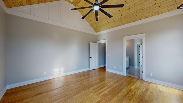 unfurnished bedroom with ensuite bathroom, high vaulted ceiling, wood ceiling, and light hardwood / wood-style flooring