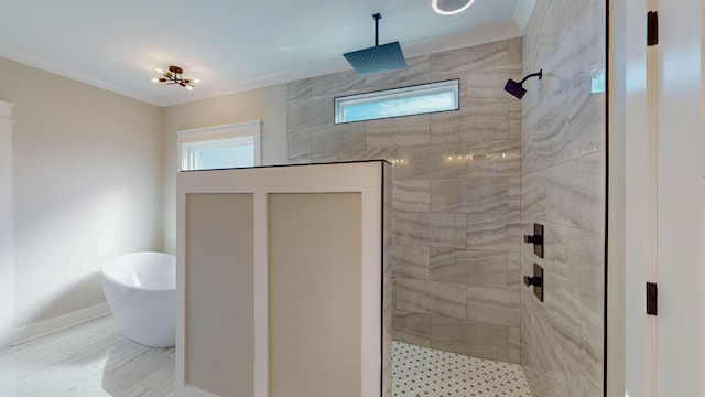 bathroom featuring shower with separate bathtub