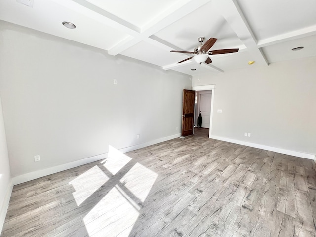 unfurnished room with coffered ceiling, beam ceiling, and baseboards