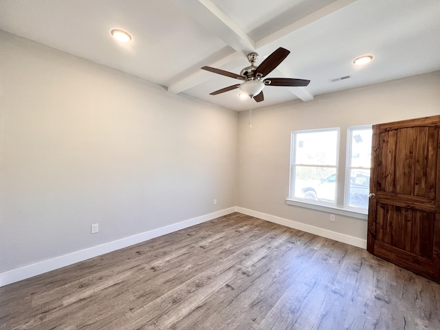 interior space with beamed ceiling, ceiling fan, visible vents, baseboards, and wood finished floors