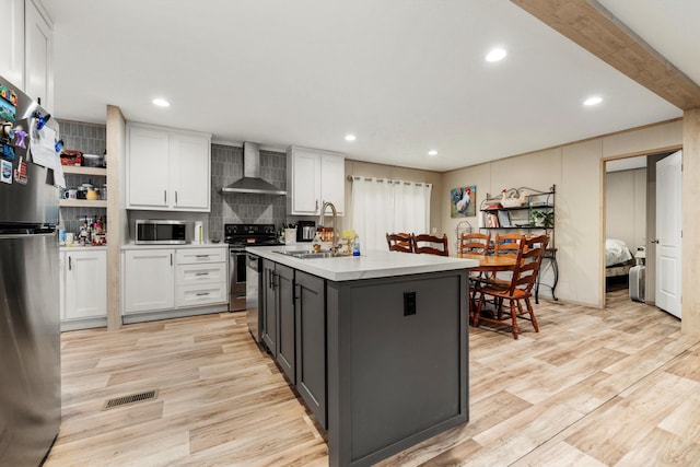 kitchen featuring appliances with stainless steel finishes, white cabinetry, sink, a kitchen island with sink, and wall chimney range hood