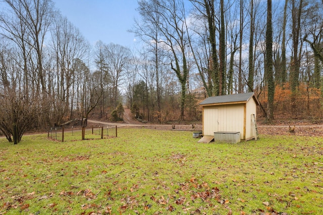 view of yard featuring a shed