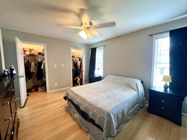 bedroom with a walk in closet, ceiling fan, and light hardwood / wood-style flooring