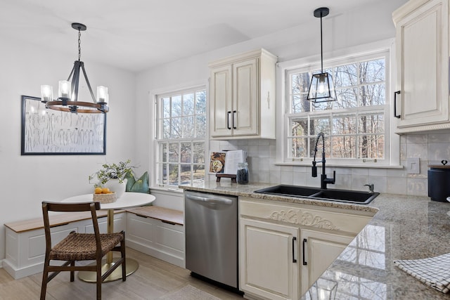 kitchen featuring breakfast area, sink, decorative backsplash, and stainless steel dishwasher