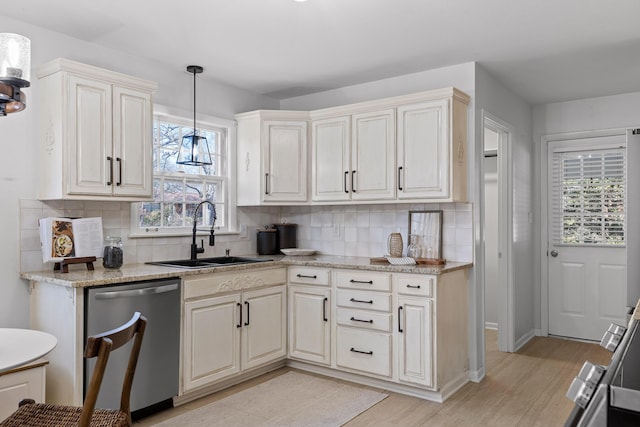 kitchen featuring hanging light fixtures, sink, stainless steel dishwasher, and decorative backsplash