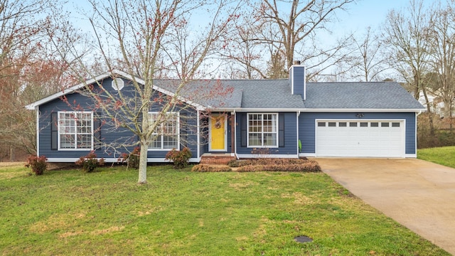 single story home with a shingled roof, concrete driveway, a front yard, an attached garage, and a chimney