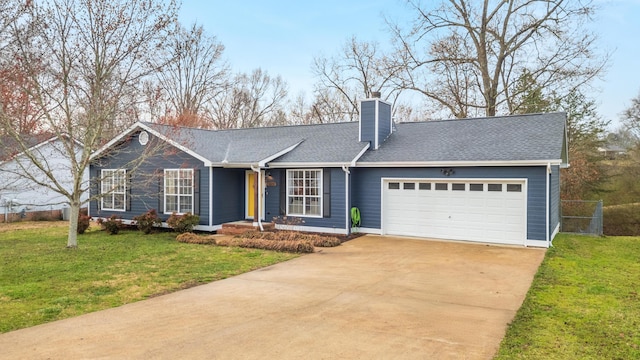 ranch-style house featuring a shingled roof, a chimney, concrete driveway, a front lawn, and a garage