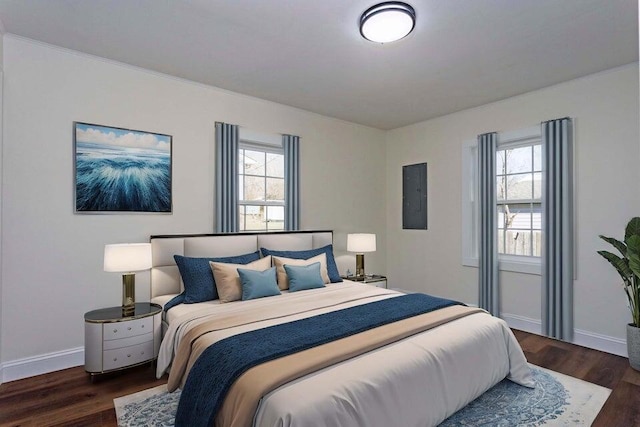 bedroom with electric panel and dark hardwood / wood-style flooring