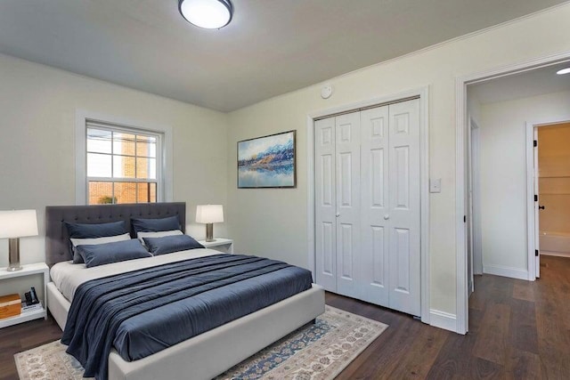 bedroom featuring dark wood-type flooring and a closet