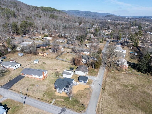 drone / aerial view featuring a mountain view